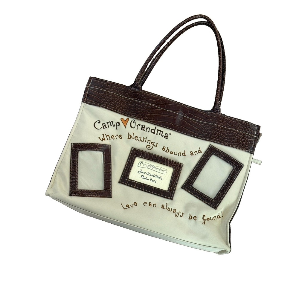 VTG Camp Grandma Photo Zip Top Tote Bag Purse Embroidered Lined Inner Pockets